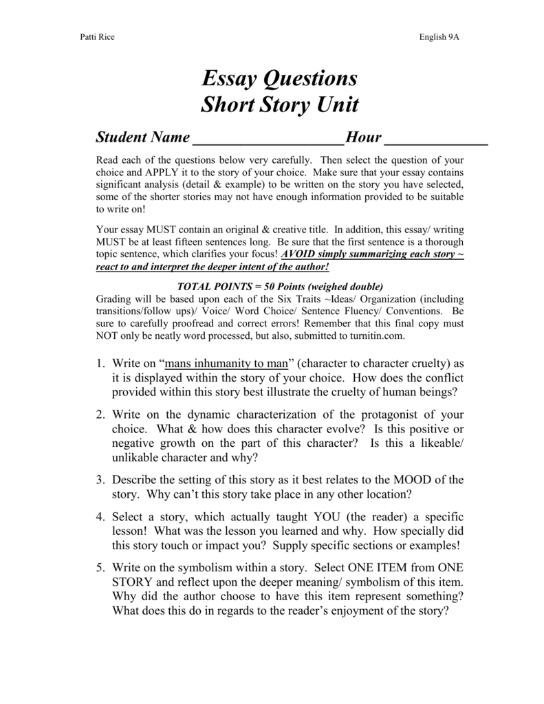 Essay Questions For Short Story Unit doc