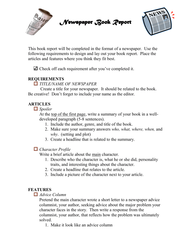 Newspaper Book Report Directions and Rubric