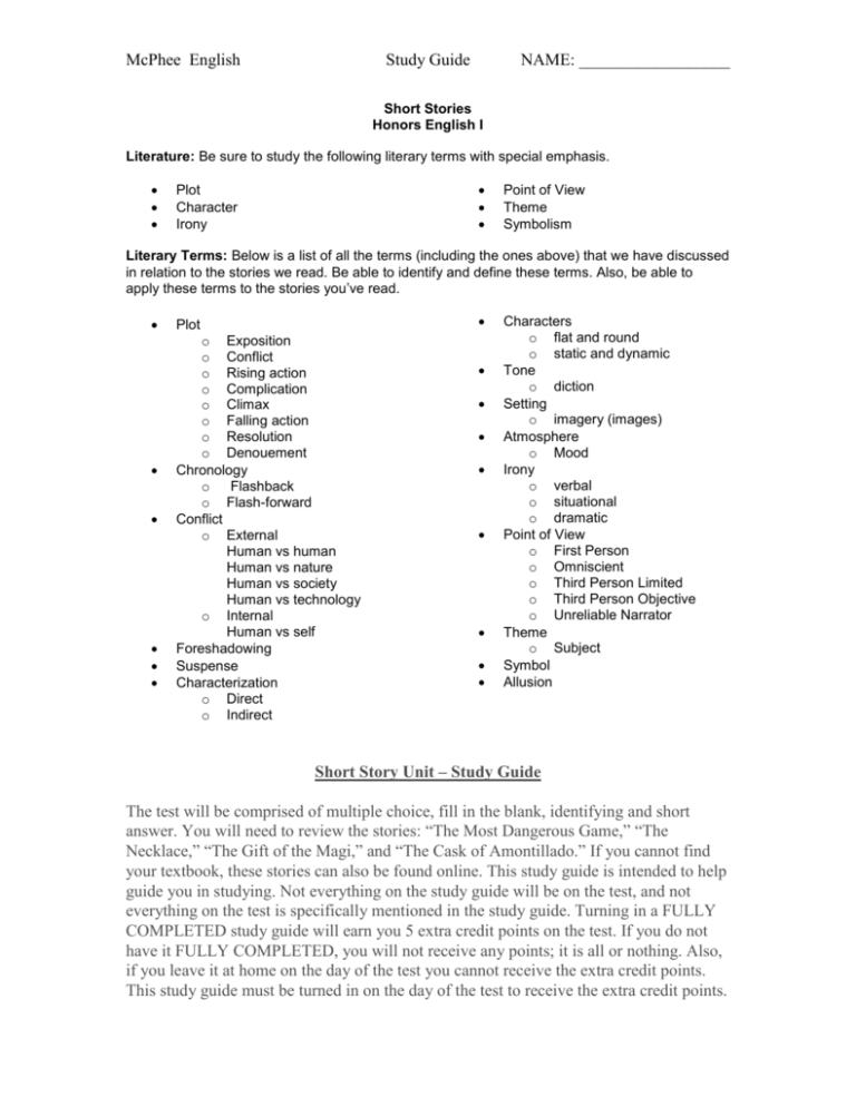 Short Story Unit Study Guide