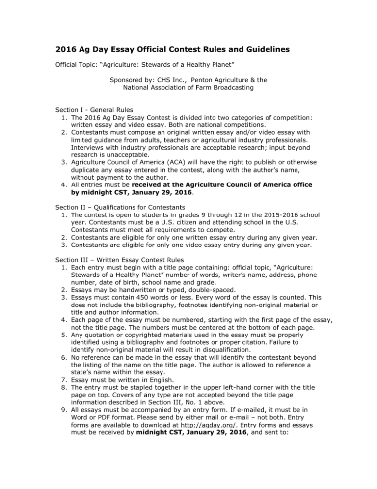 2009 Ag Day Essay Contest Rules and Guidelines