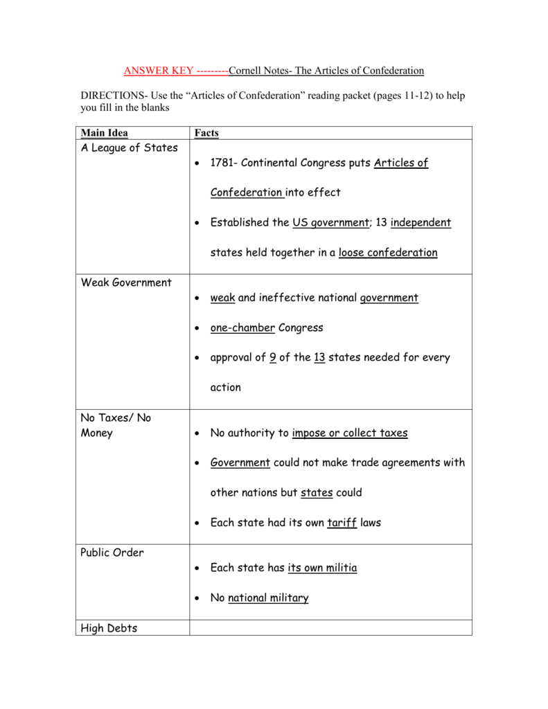 ANSWER KEY ---------Cornell Notes- The Regarding Articles Of Confederation Worksheet Answers