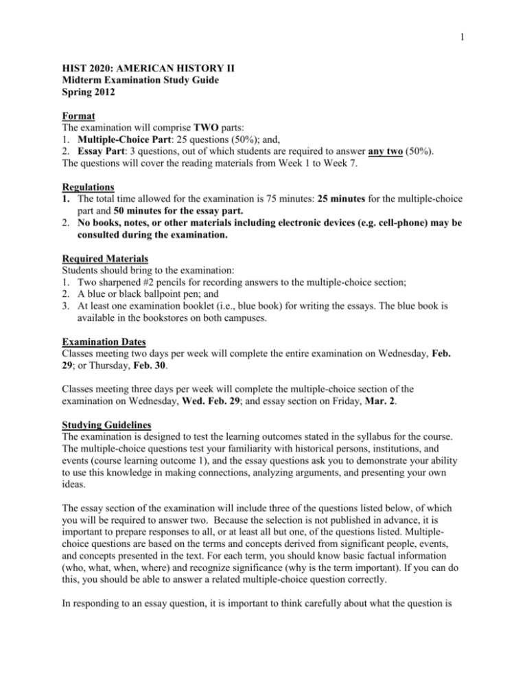 1 HIST 2020 AMERICAN HISTORY II Midterm Examination Study