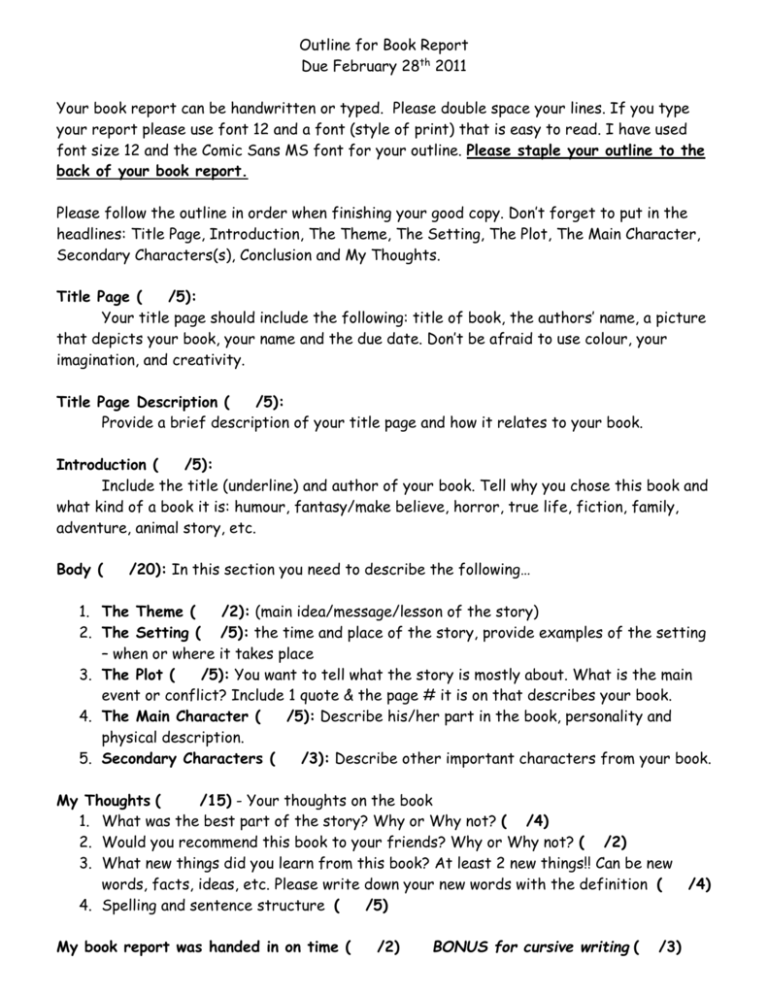 Outline For Book Report Priestman St Elementary