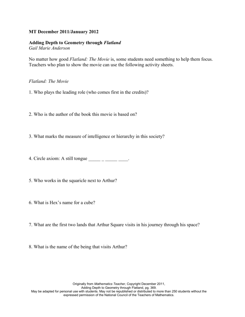 Flatland Activity Worksheet Flatland Activity Sheet Doc