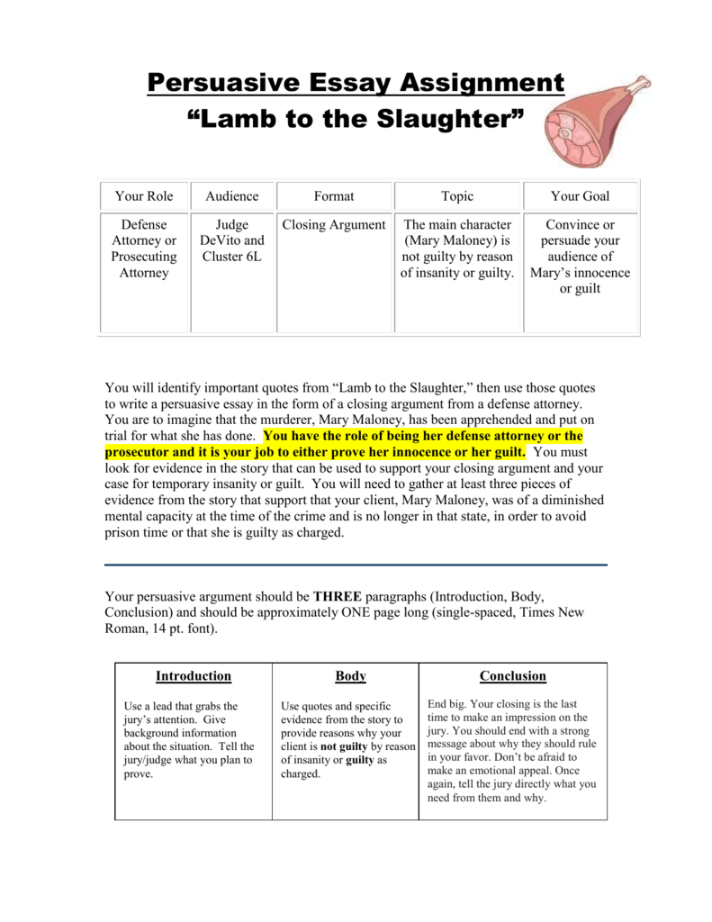 thesis statement of the lamb to the slaughter