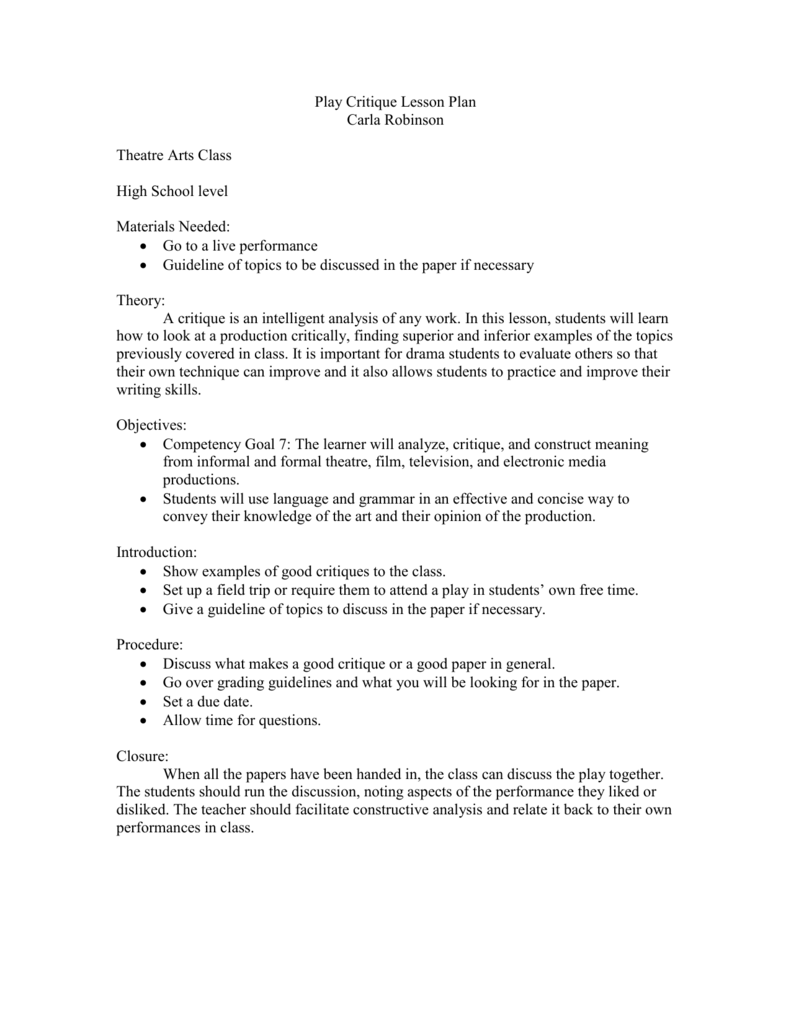 Play Critique Lesson Plan