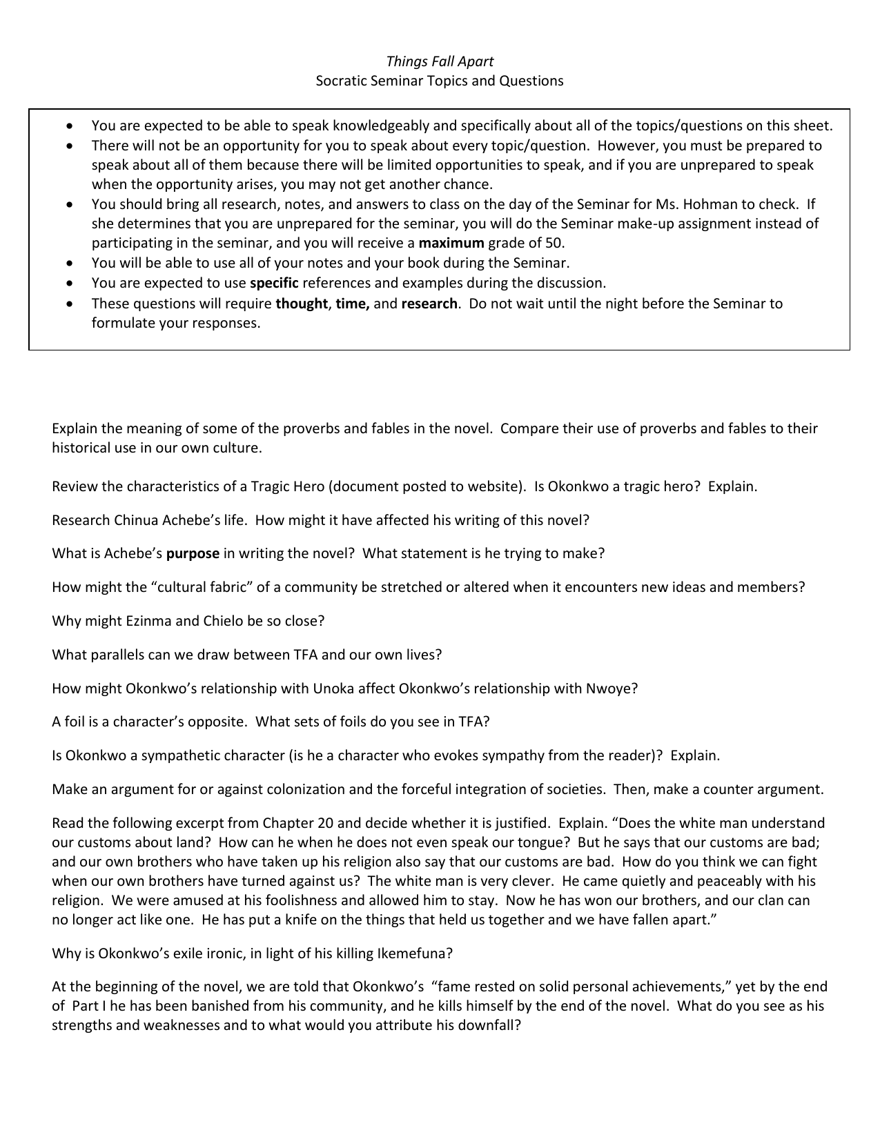 Things Fall Apart Socratic Seminar Topics And Questions Explain