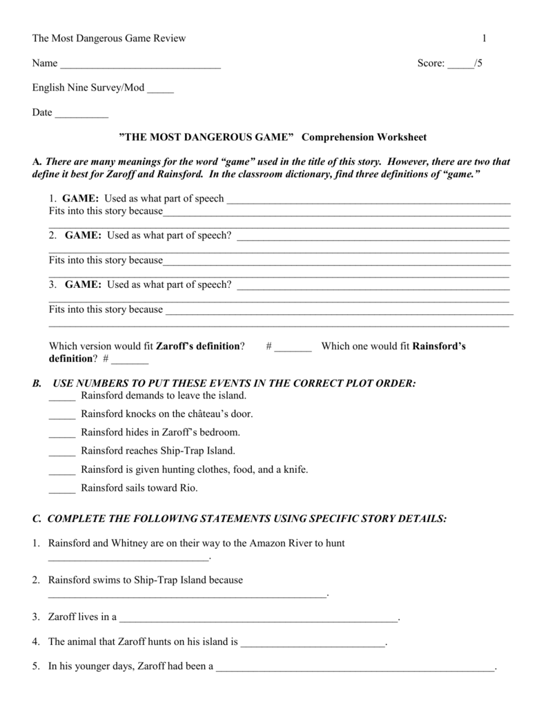 THE MOST DANGEROUS GAME” Comprehension Worksheet Regarding The Most Dangerous Game Worksheet