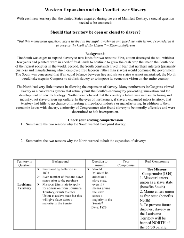 Conflict Over Slavery Word Search Puzzle