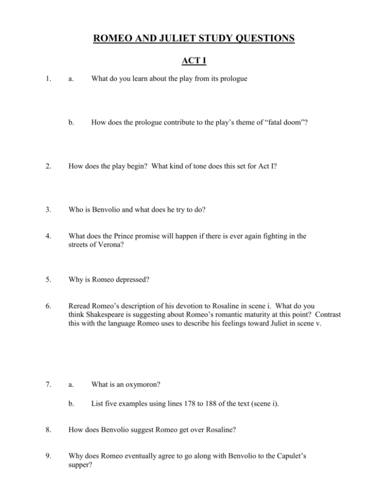 ROMEO AND JULIET STUDY QUESTIONS