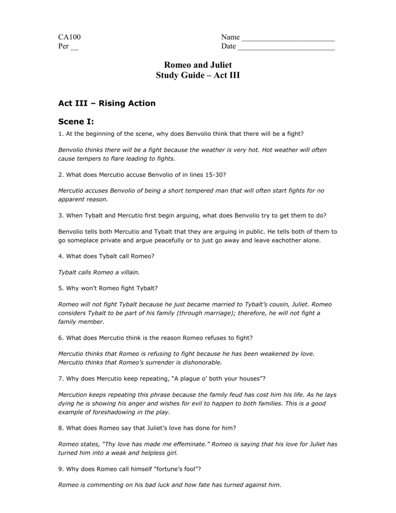 Romeo And Juliet Study Guide Act III Romeo And Juliet Study Guide Act III