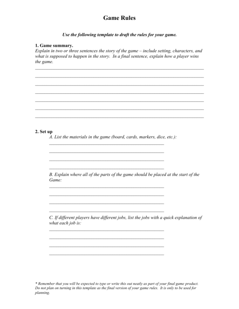 Use The Following Template To Draft The Rules For Your Game doc