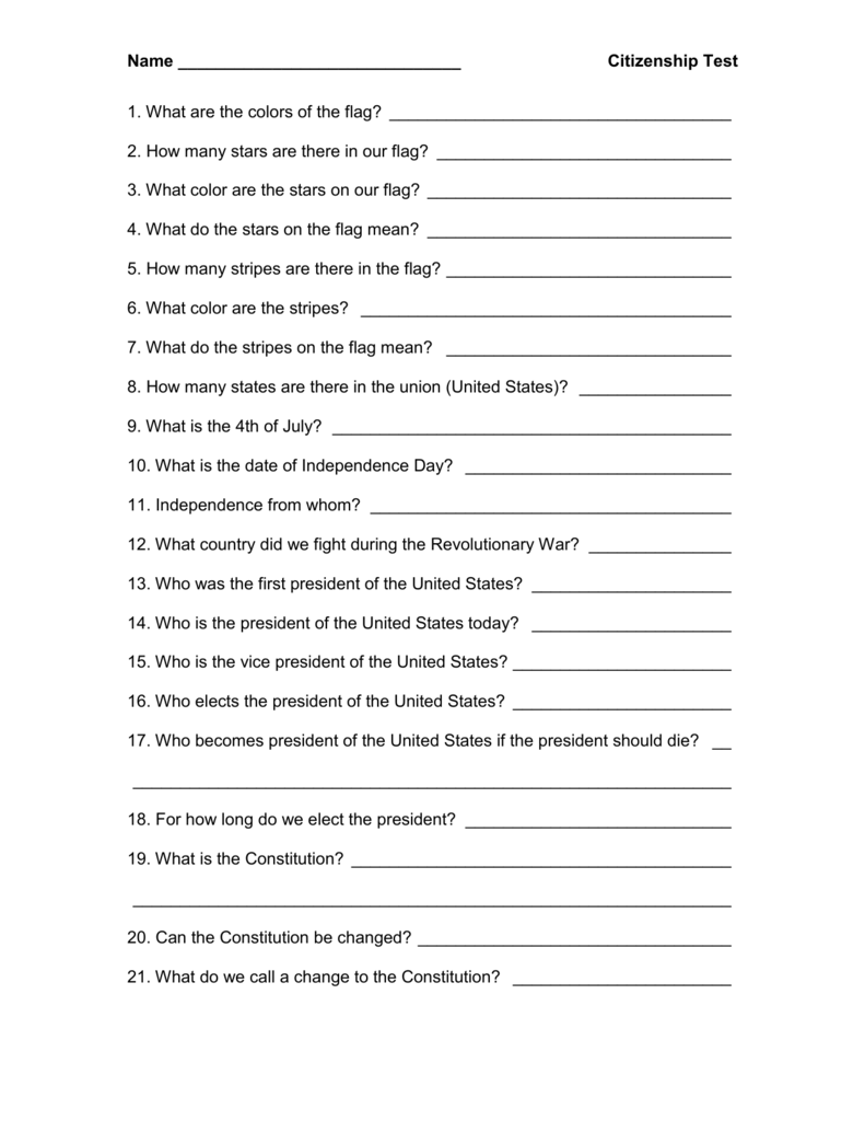 Printable U s Citizenship Test