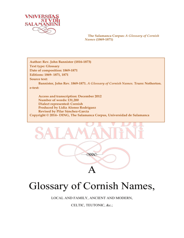 The Salamanca Corpus A Glossary Of Cornish Names 1869