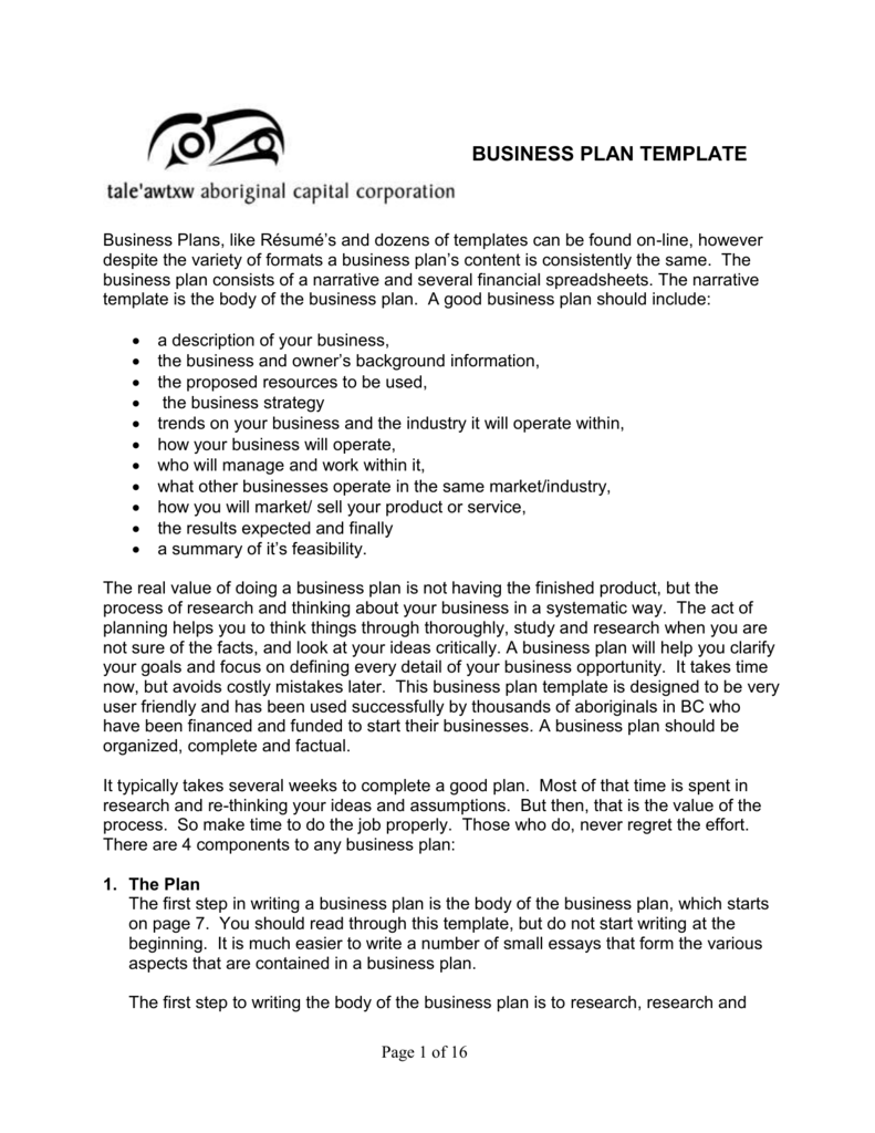 Business Plan Template - Tale`awtxw Aboriginal Capital Corporation For Business Process Narrative Template