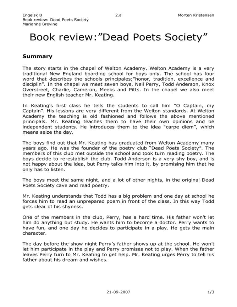 dead poets society book summary
