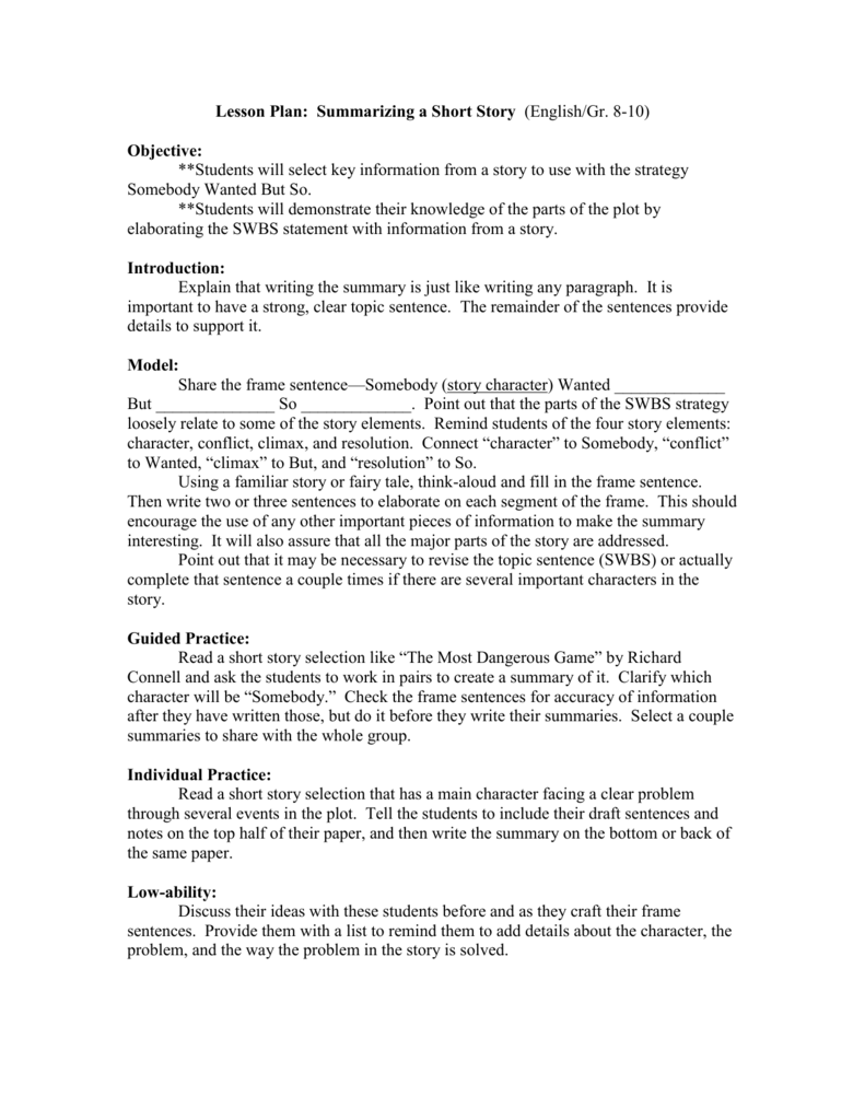 Lesson Plan: Summarizing a Short Story (English/Gr