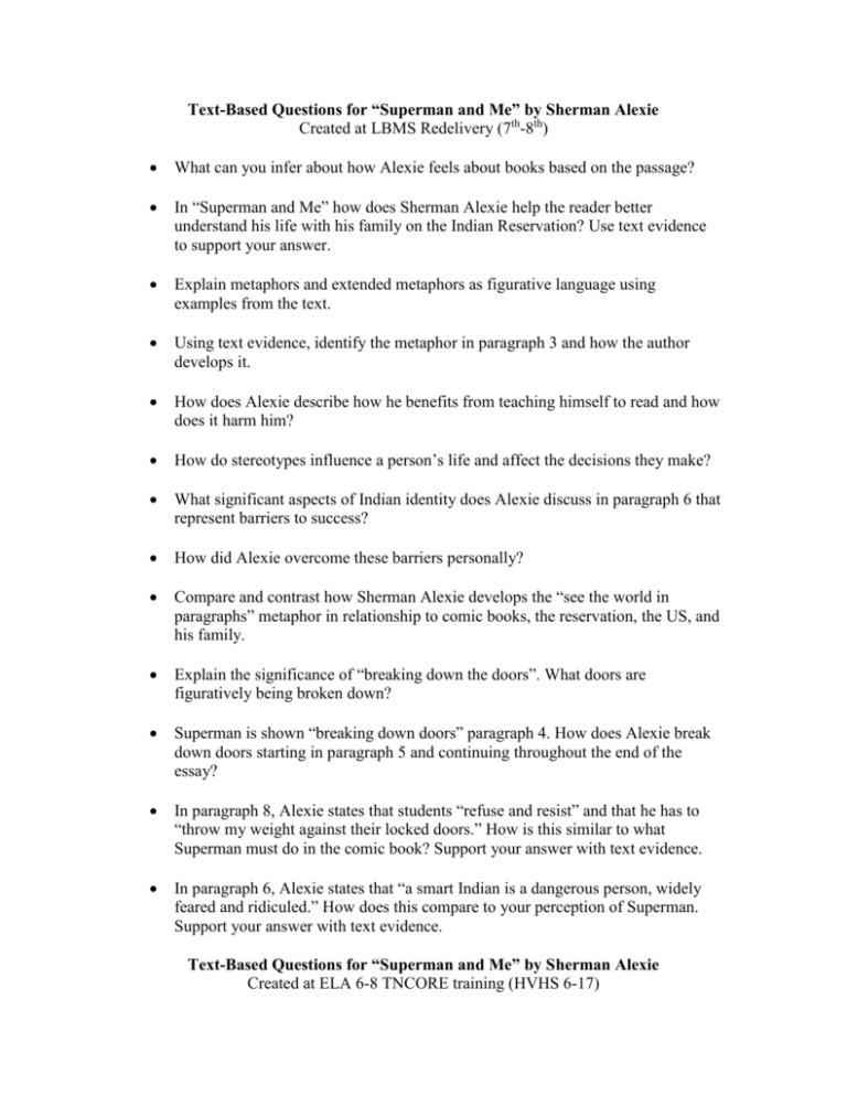 Text Based Questions For Superman And Me By Sherman Alexie