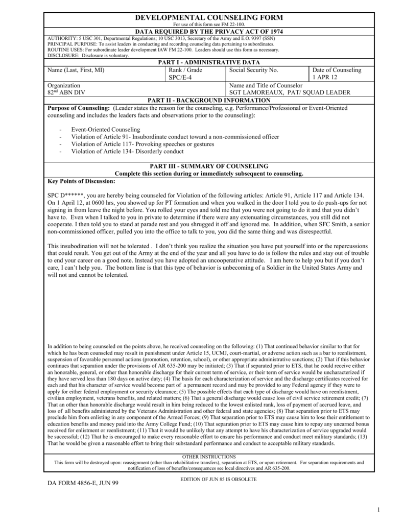 Army Initial Counseling For E4 And Below Army Military