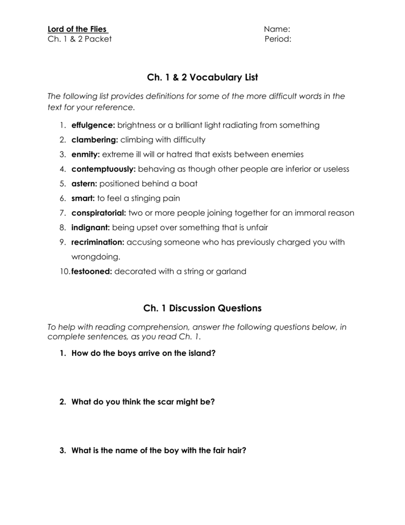 Lord Of The Flies Ch 1 2 Packet doc