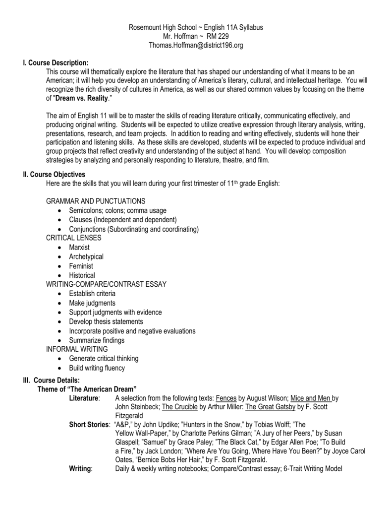 Rosemount High School English 11A Syllabus