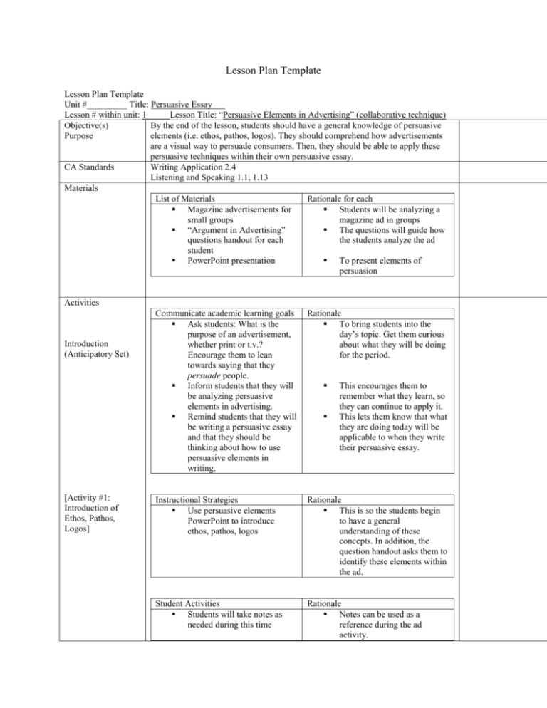 persuasive speech detailed lesson plan