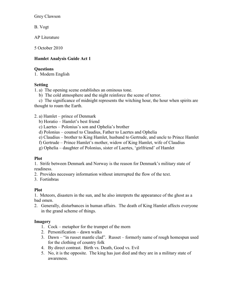 Hamlet Analysis Guide Act 1 Hamlet Analysis Guide Act 1