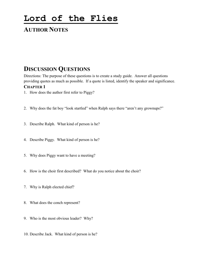 Lord Of The Flies Author Notes Discussion Questions Directions The