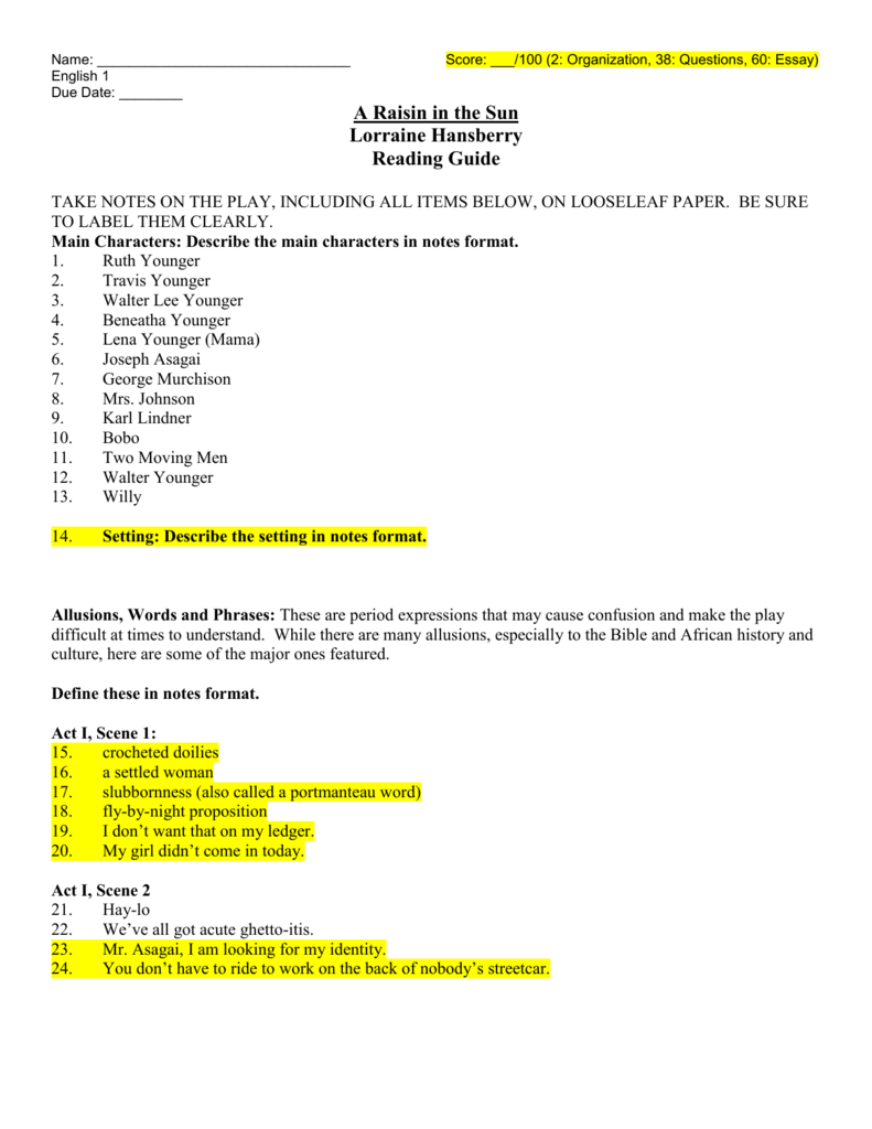A Raisin In The Sun Character Analysis Chart Answers