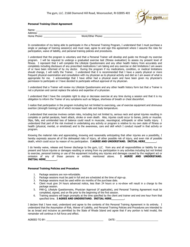 Personal Training Client Agreement Regarding personal training cancellation policy template