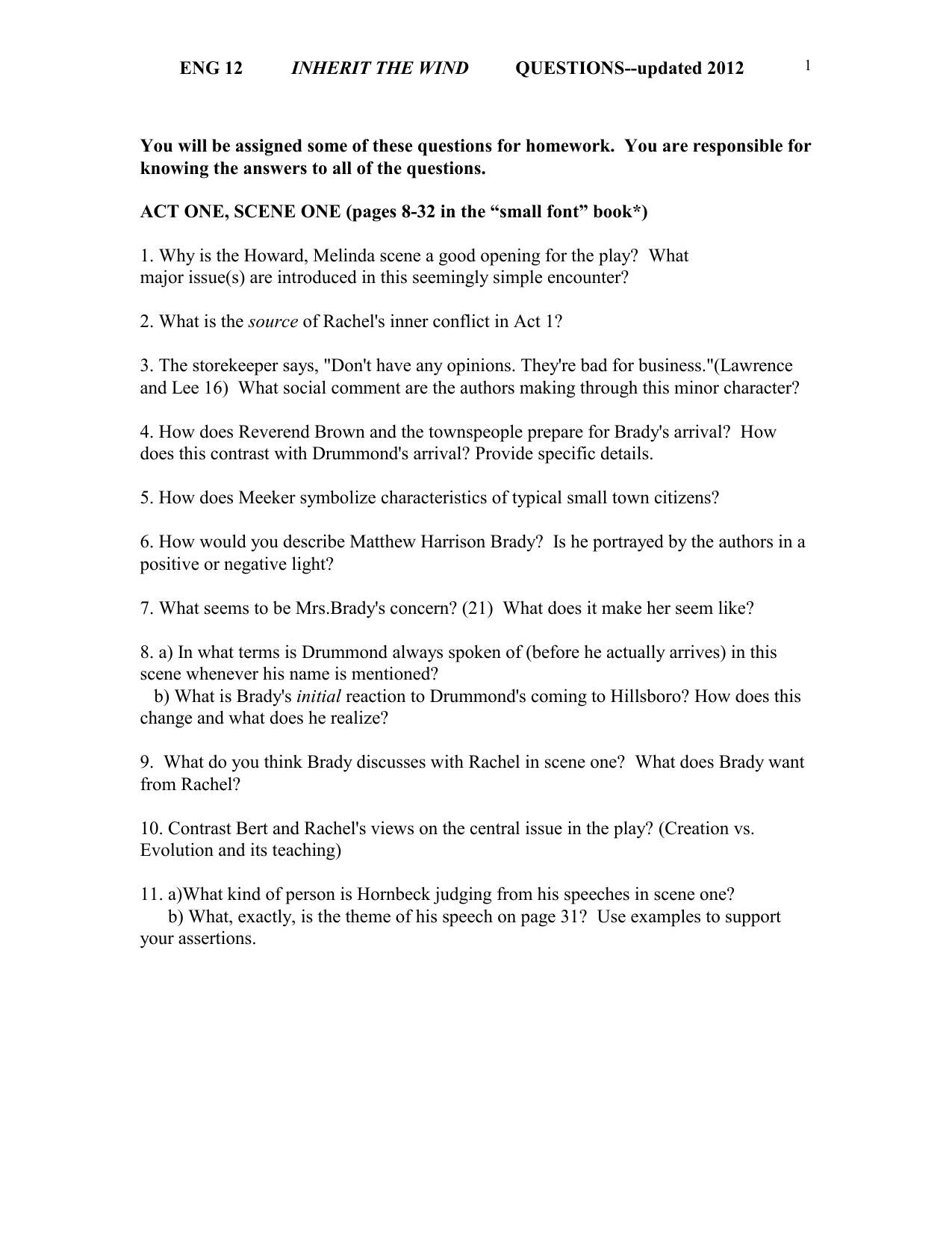 ENG 441 INHERIT THE WIND QUESTIONS