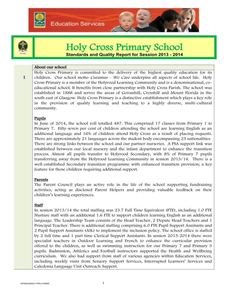 Holy Cross Primary School Standards And Quality Report For