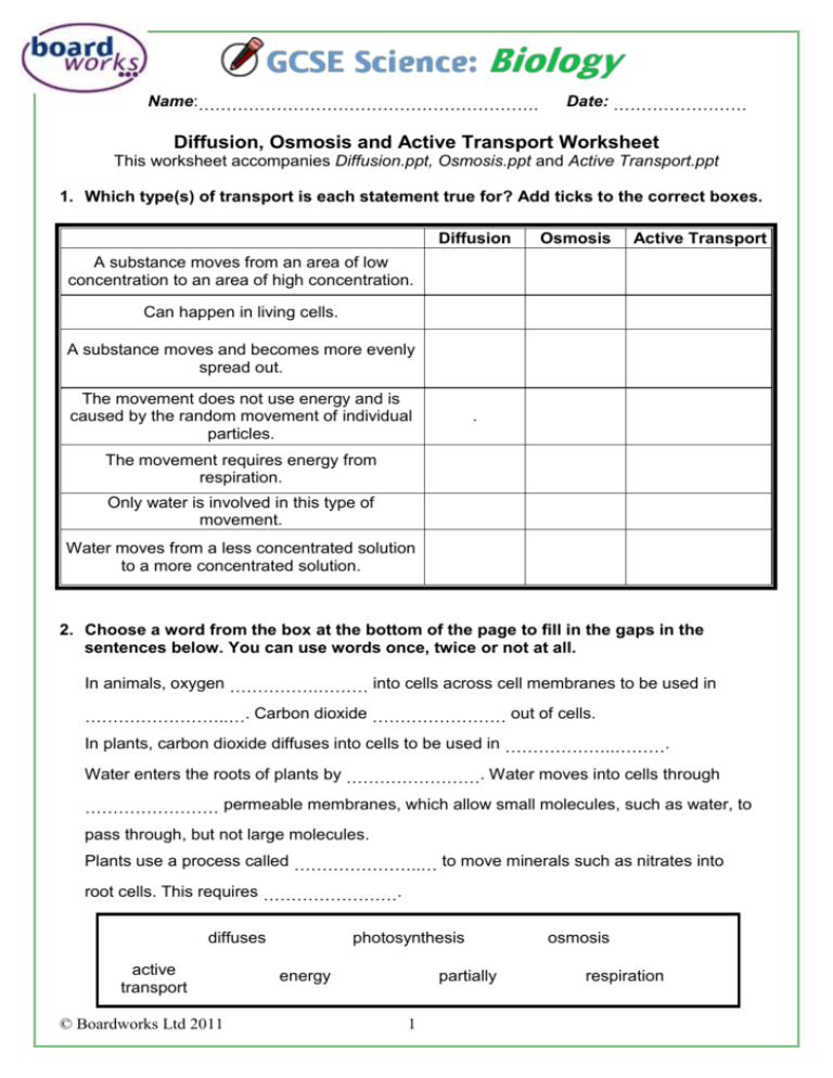 Diffusion Osmosis And Active Transport Worksheet