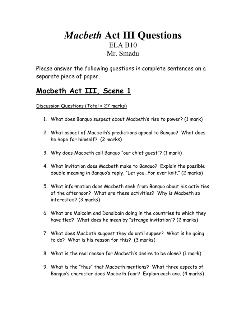 Macbeth Act III Questions Macbeth Act III Questions