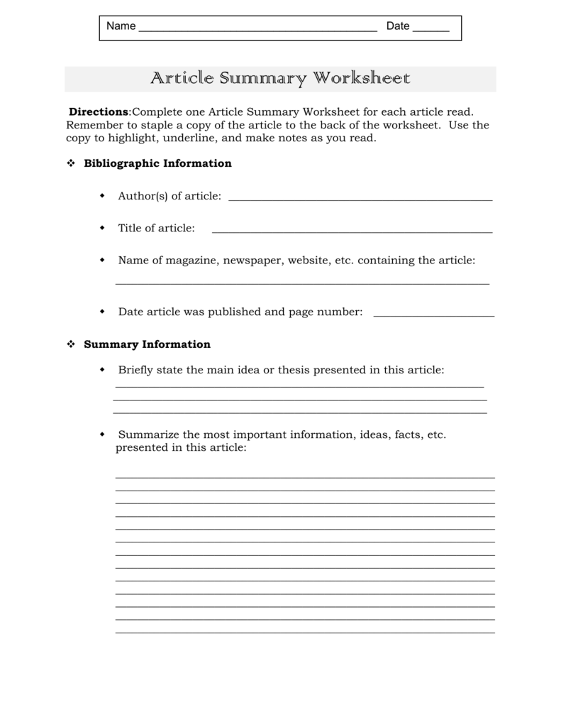 Article Summary Worksheet Kindergarten Printable Sheet