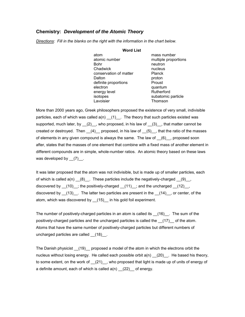 History of Atomic Theories Worksheet  Throughout Development Of Atomic Theory Worksheet