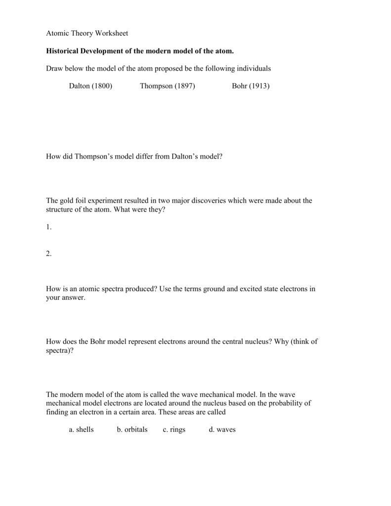 Atomic Theory Worksheet Intended For Development Of  Atomic Theory Worksheet