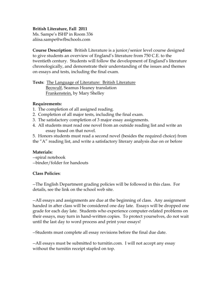 British Literature Syllabus Fall 2011