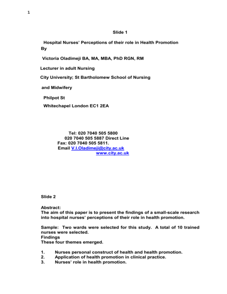 An Exploration Of The Role Of Nurses In Health HPH