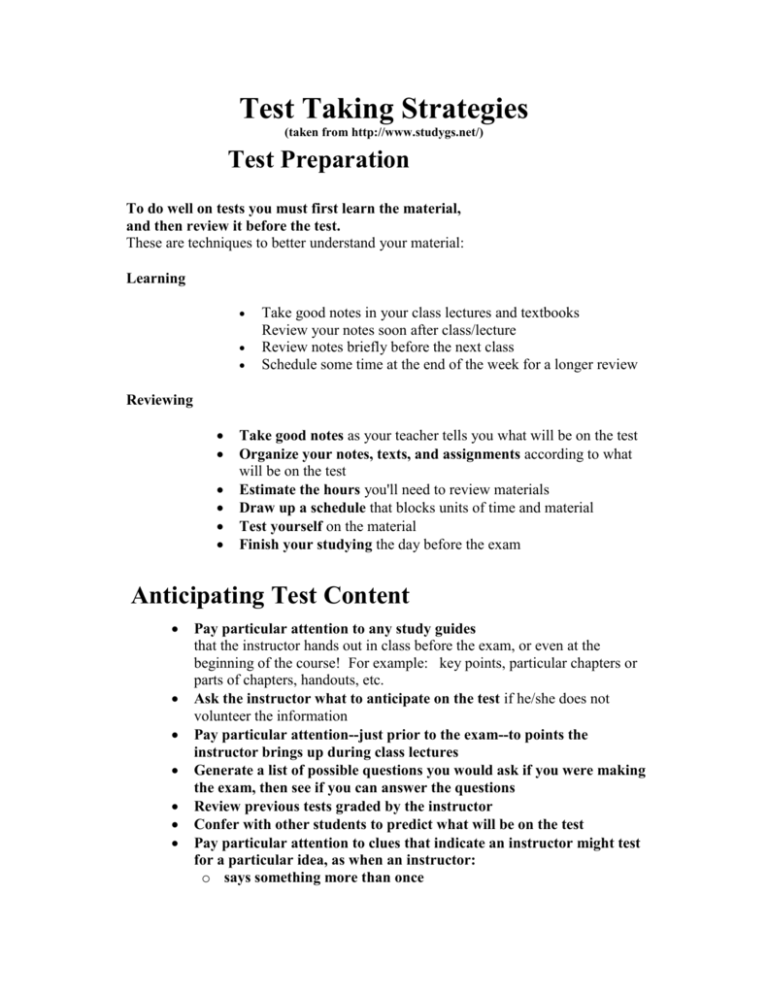 Test Taking Strategies Examples Test Taking Strategies Examples