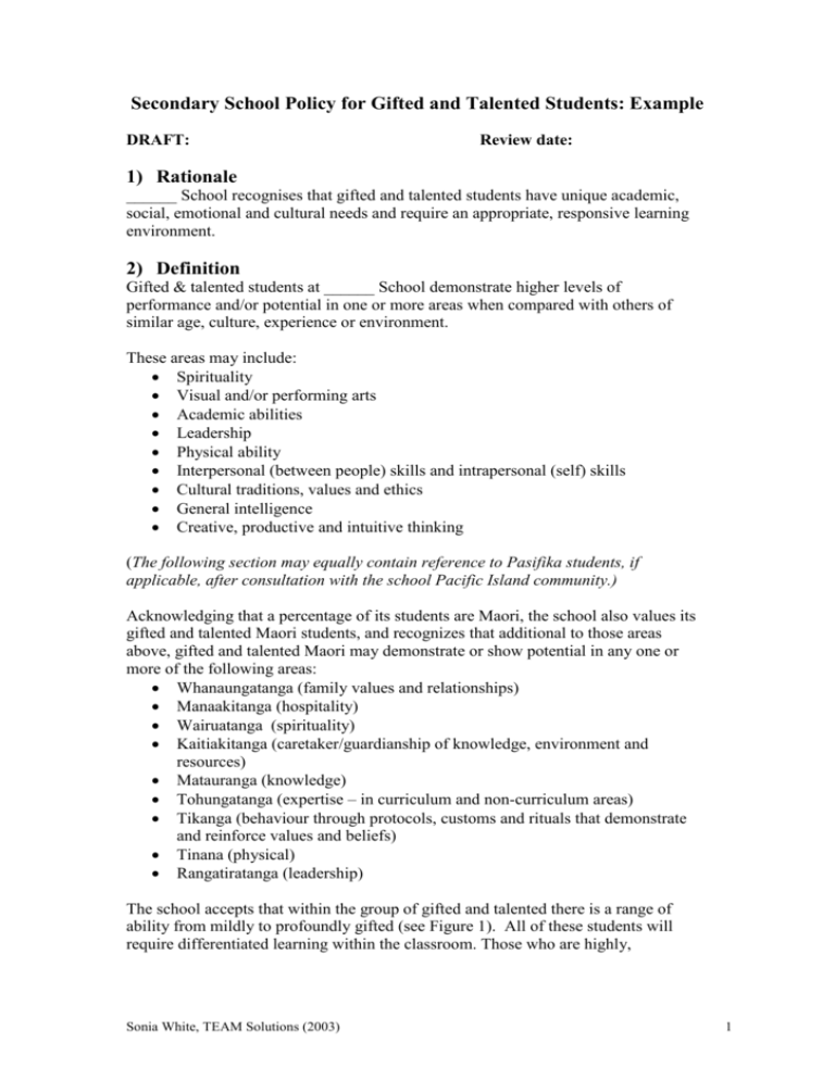 Secondary School Policy For Gifted And Talented Students