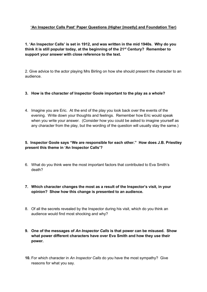 inspector calls essay questions gcse