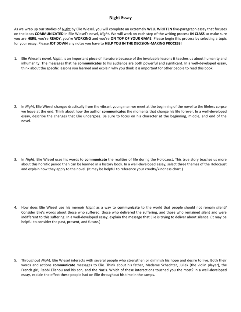 Night By Elie Wiesel Character Chart