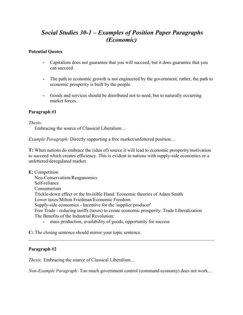 Social 30-1 - Examples of Position Paper Paragraphs (Economic)