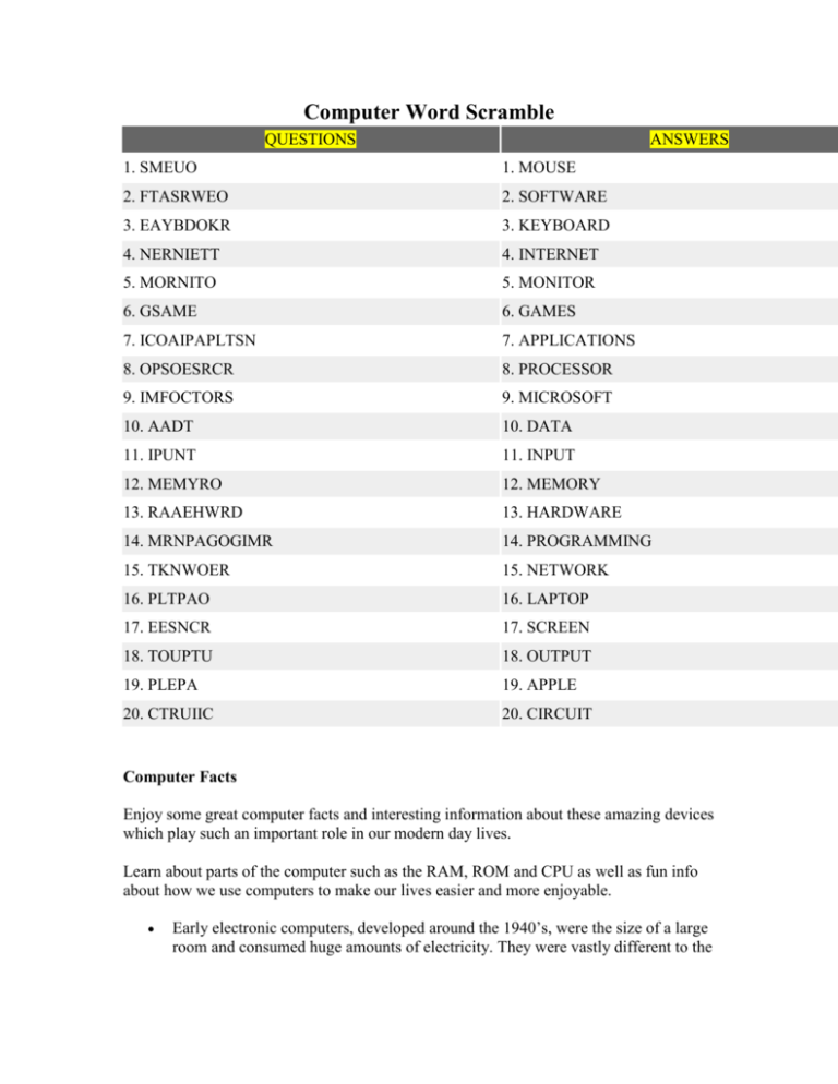 Word Scramble Worksheet With Answers