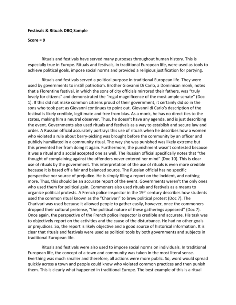 DBQ Sample Essay Score 9 