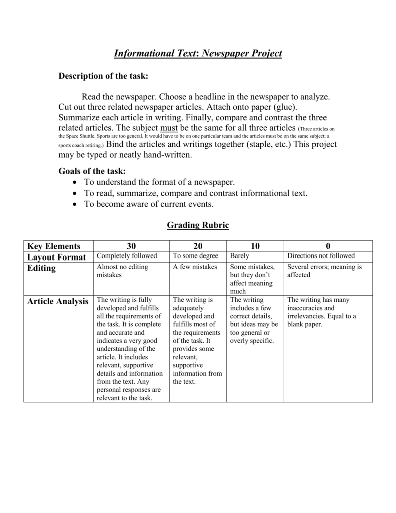 newspaper book report rubric