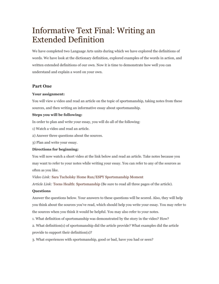 Informational Text Final Writing An Extended Definition