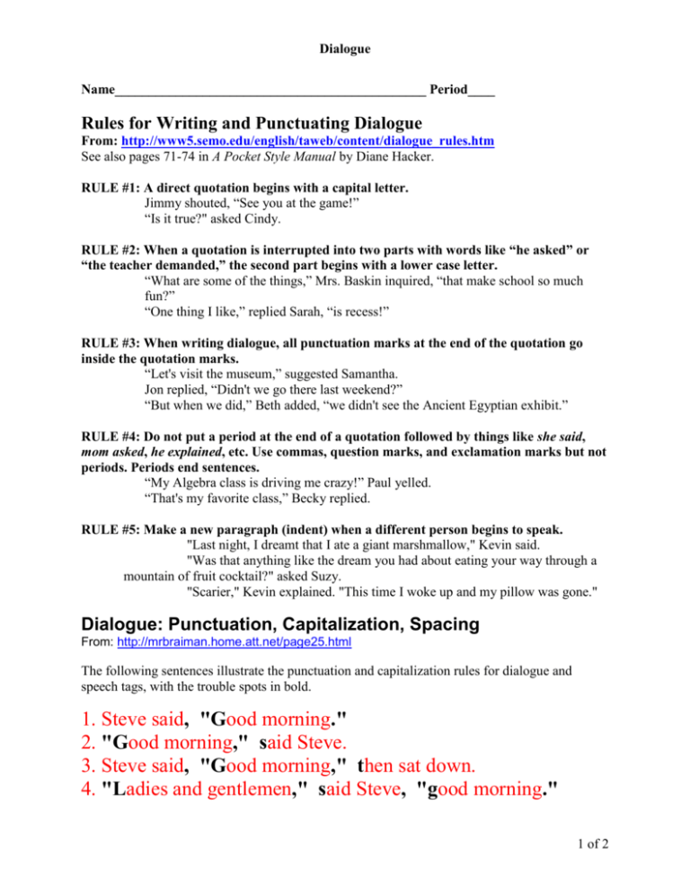 dialogue rules worksheet and writing assignment answer key