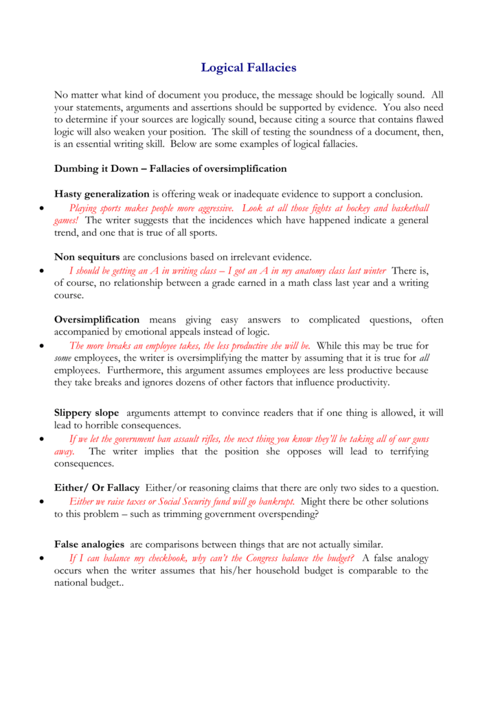Logical Fallacies Worksheet With Answers